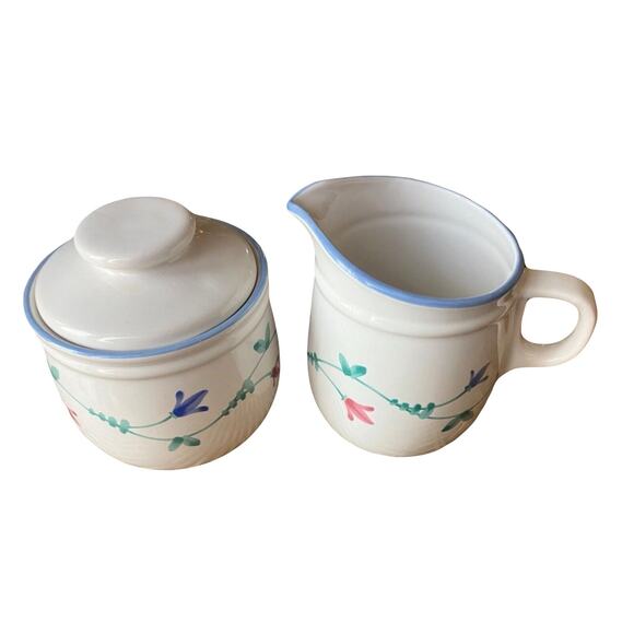 Savoir Vivre Cream & Sugar Bowl Set Portofino Blue Floral Vintage - Picture 2 of 6